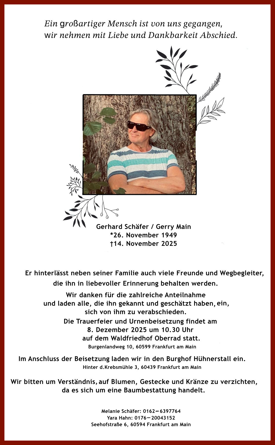 Todesanzeige für Gerhard Schäfer alias Gerry Main