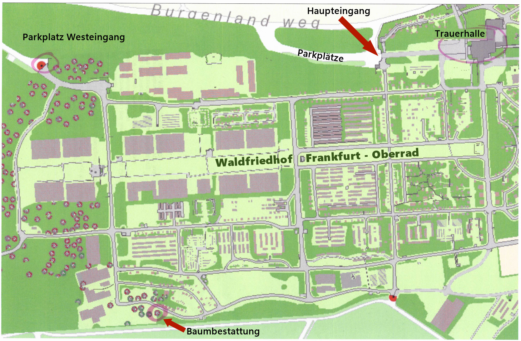 Plan zum Friedwald des Waldfriedhofs in Frankfurt - Oberrad